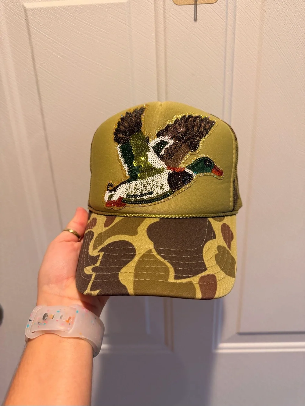 Sequin Mallard Duck Trucker Hat - Olive/Camo